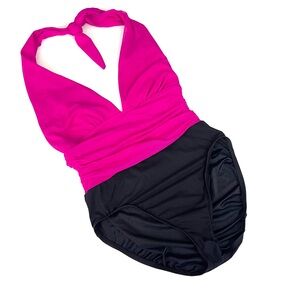 Vintage Mainstream Rushed Halter Neck One Piece Swimsuit Colorblock